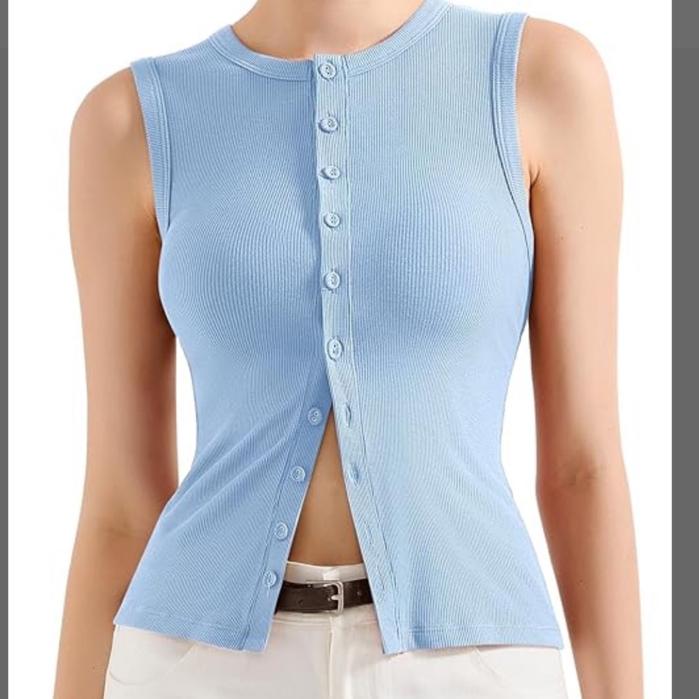 Sleeveless Blue Button-Up Top